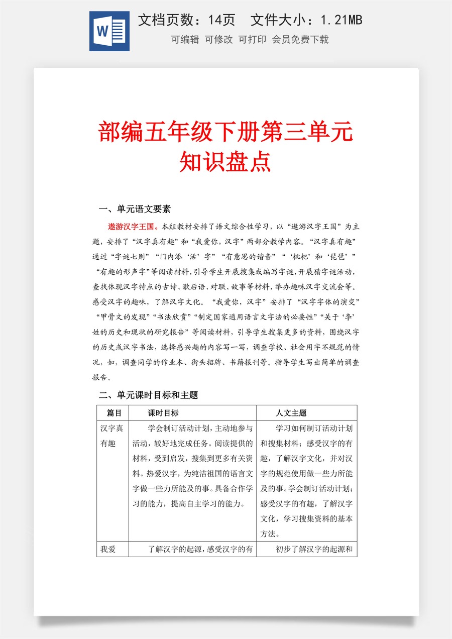 第三单元知识盘点（含字词、佳句、感知、考点）五年级语文下册 部编版.docx
